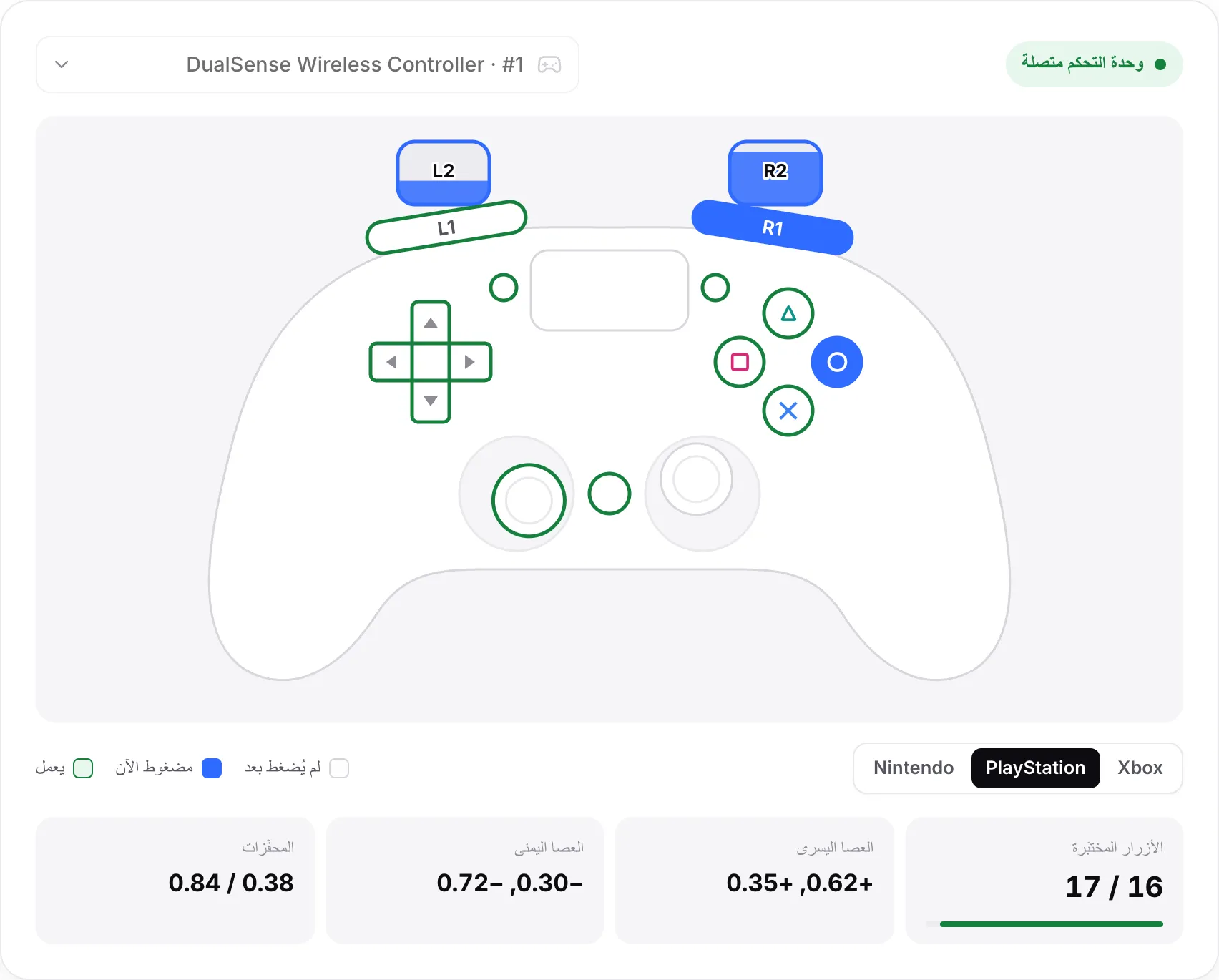 تخطيط PlayStation لوحدة تحكم DualSense مع R1 والدائرة مضغوطين والمحفّزين مسحوبين جزئيًا