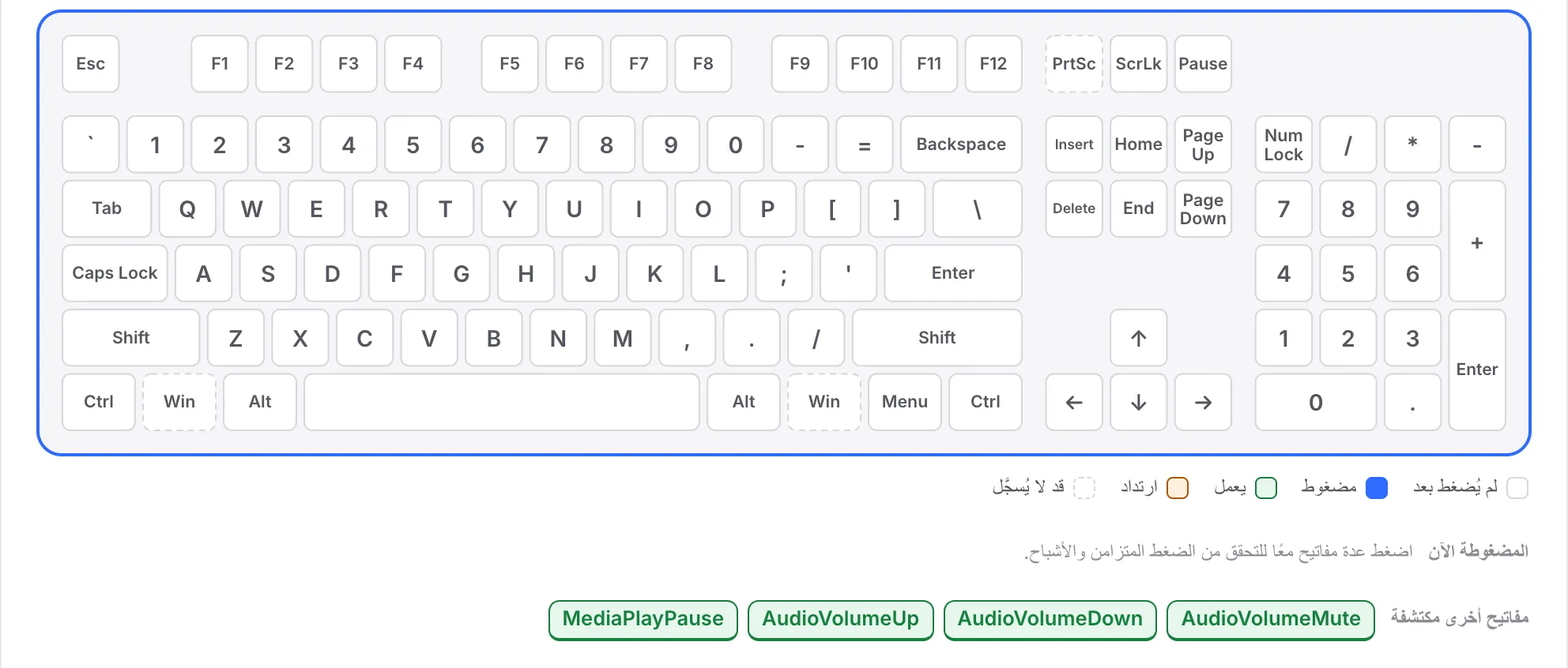 صف F لا يزال أبيض بينما تُدرج AudioVolumeMute وAudioVolumeDown وAudioVolumeUp وMediaPlayPause تحت مفاتيح أخرى مكتشفة