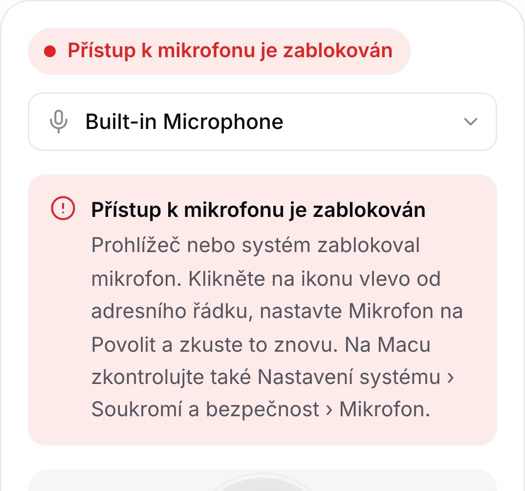 Test mikrofonu na telefonu s červenou zprávou „Přístup k mikrofonu je zablokován“