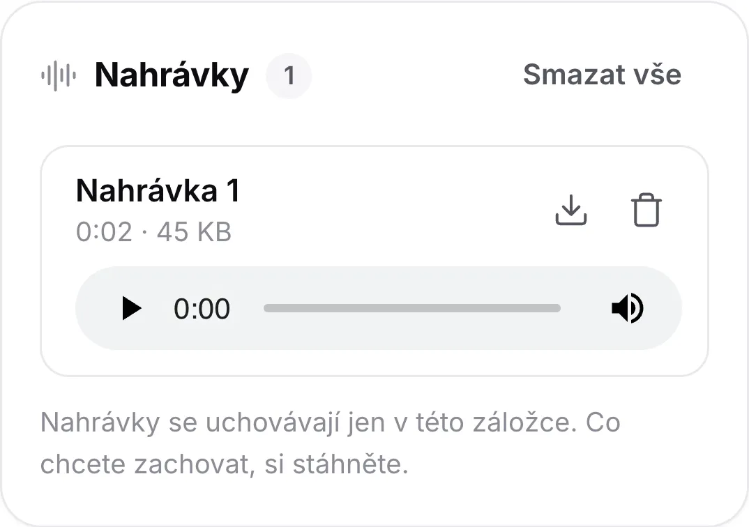 Nahrávka na telefonu s délkou, přehrávačem a tlačítky pro stažení a smazání