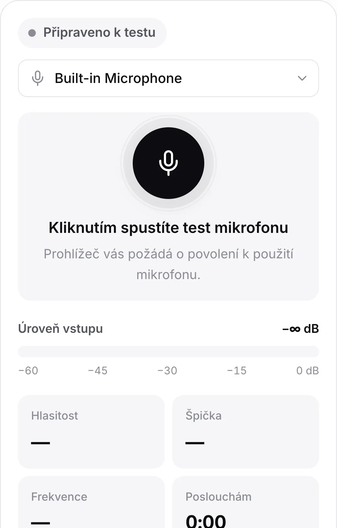 Test mikrofonu na telefonu před spuštěním s velkým tlačítkem mikrofonu