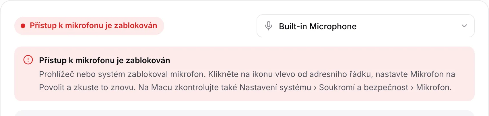 Ladička s červenou zprávou „Přístup k mikrofonu je zablokován“ a pokyny