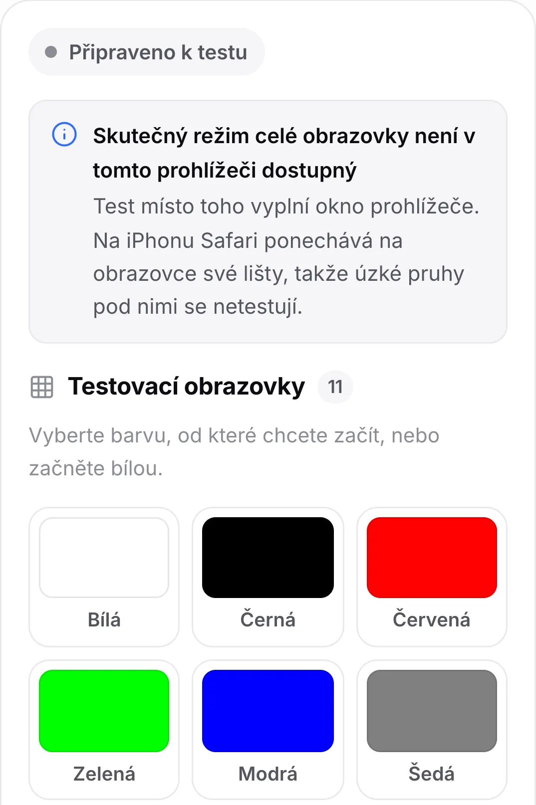 Test mrtvých pixelů na iPhonu s oznámením „Skutečný režim celé obrazovky není v tomto prohlížeči dostupný“ nad barevnými vzorky