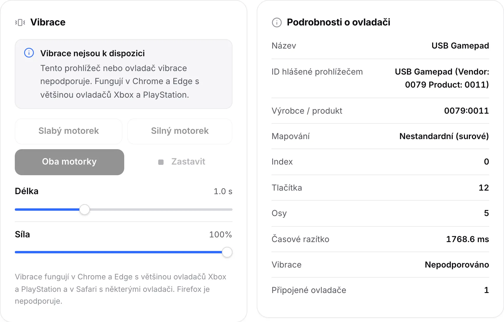 Panel Vibrace s oznámením „Vibrace nejsou k dispozici“ a neaktivními tlačítky motorků; Podrobnosti o ovladači ukazují Vibrace: Nepodporováno