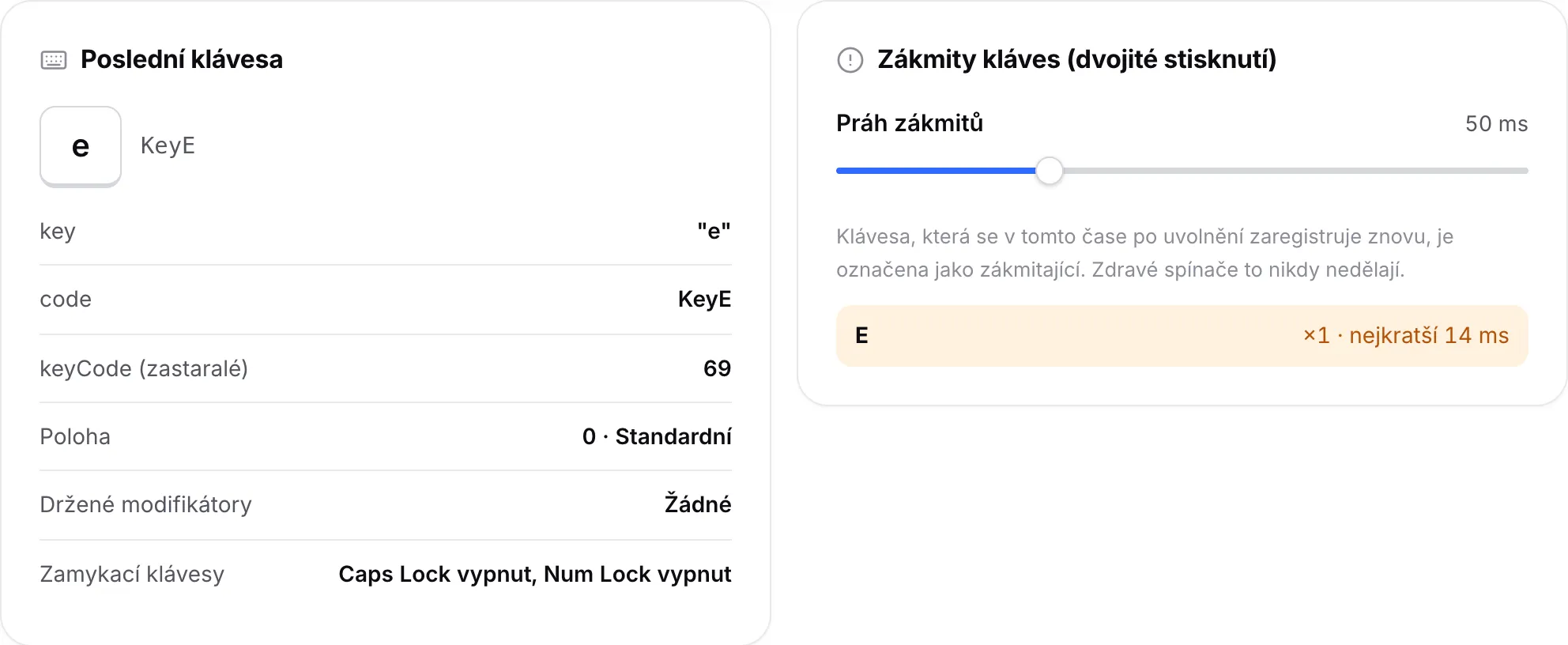 Panel Poslední klávesa ukazující klávesu E a panel Zákmity kláves s klávesou E a jejím nejkratším odstupem v milisekundách