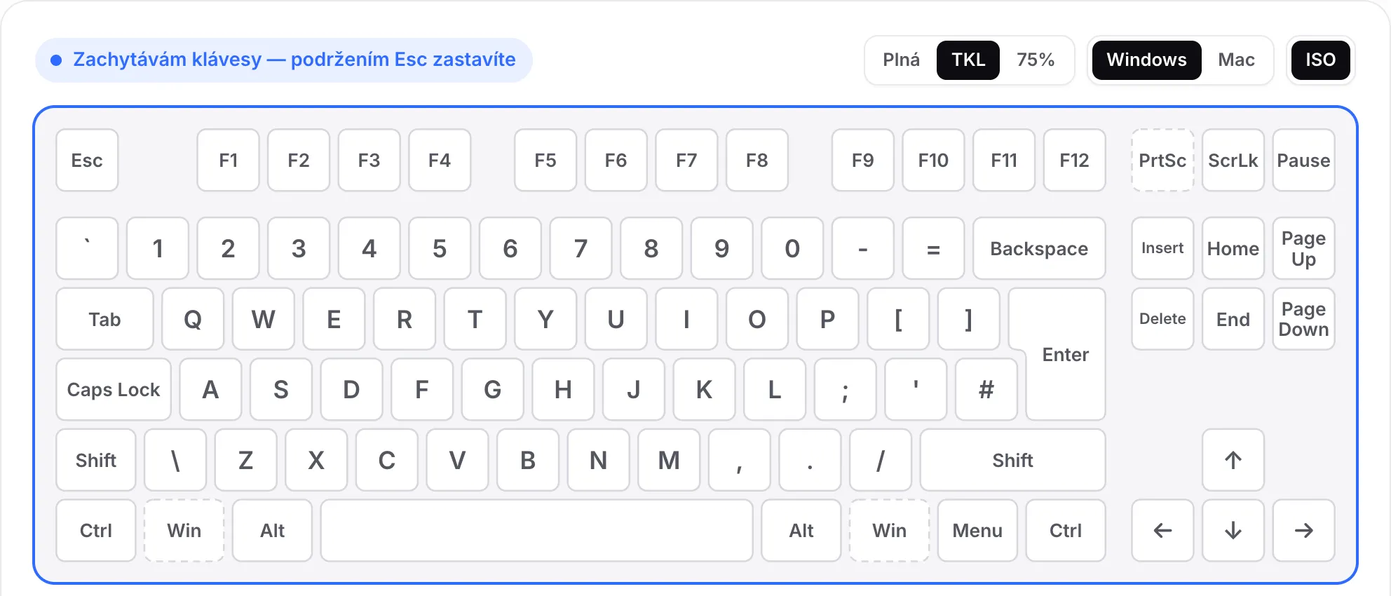 Rozložení TKL se zapnutým ISO: vysoká klávesa Enter a další klávesa vedle levého Shiftu, bez numerické části