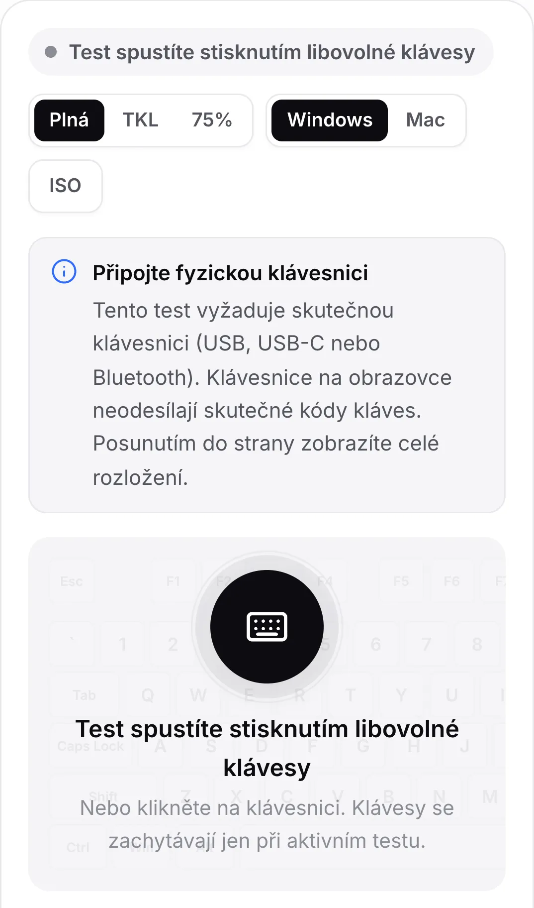 Test klávesnice na telefonu s oznámením „Připojte fyzickou klávesnici“