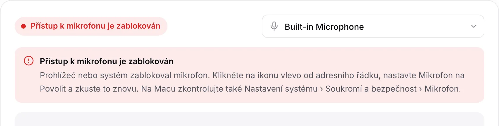 Test mikrofonu s červenou zprávou „Přístup k mikrofonu je zablokován“ a pokyny