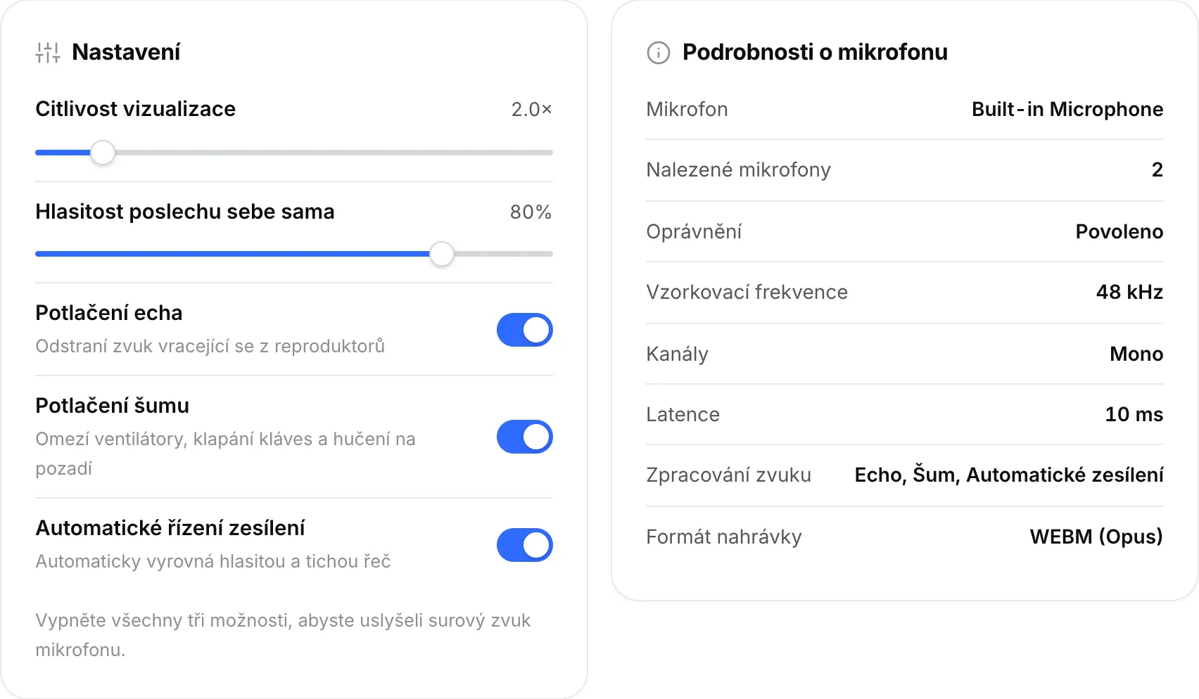 Panel Nastavení s přepínači zpracování zvuku vedle panelu Podrobnosti o mikrofonu
