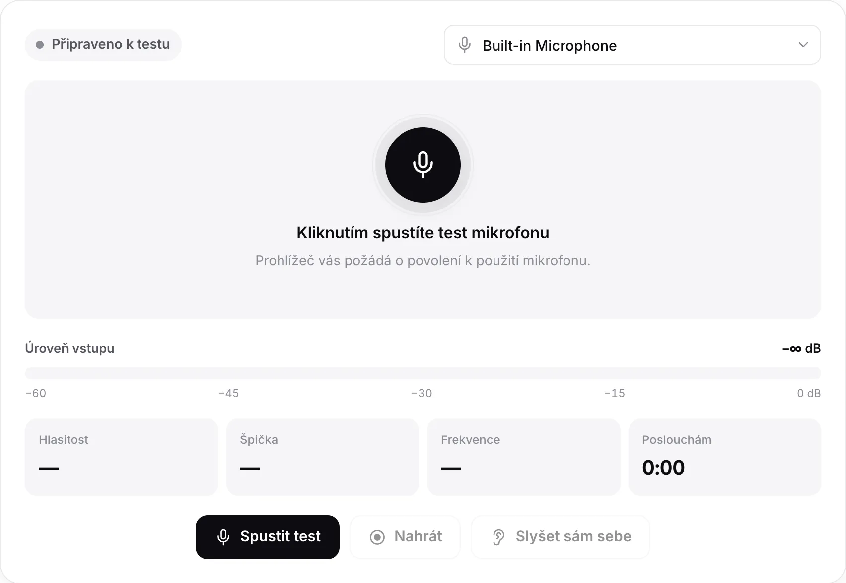 Test mikrofonu před spuštěním s tlačítkem Spustit test a nabídkou mikrofonů
