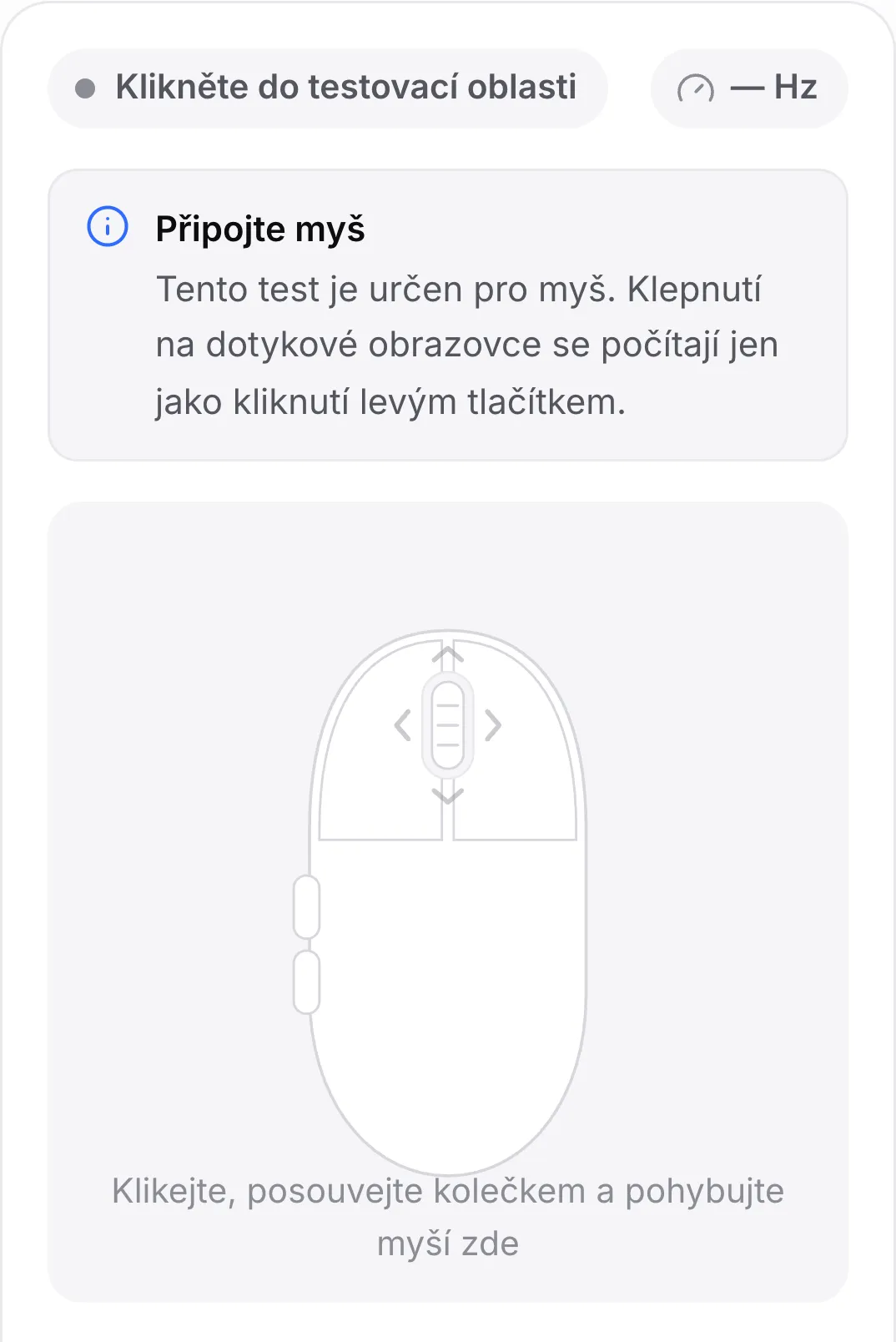 Test myši na telefonu s oznámením „Připojte myš“