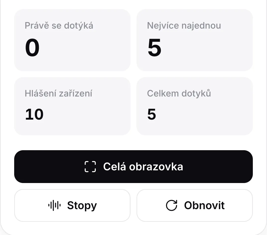 Počitadla po zvednutí všech prstů: Právě se dotýká 0, Nejvíce najednou 5, Hlášení zařízení 10 a Celkem dotyků 5 nad tlačítky Celá obrazovka, Stopy a Obnovit