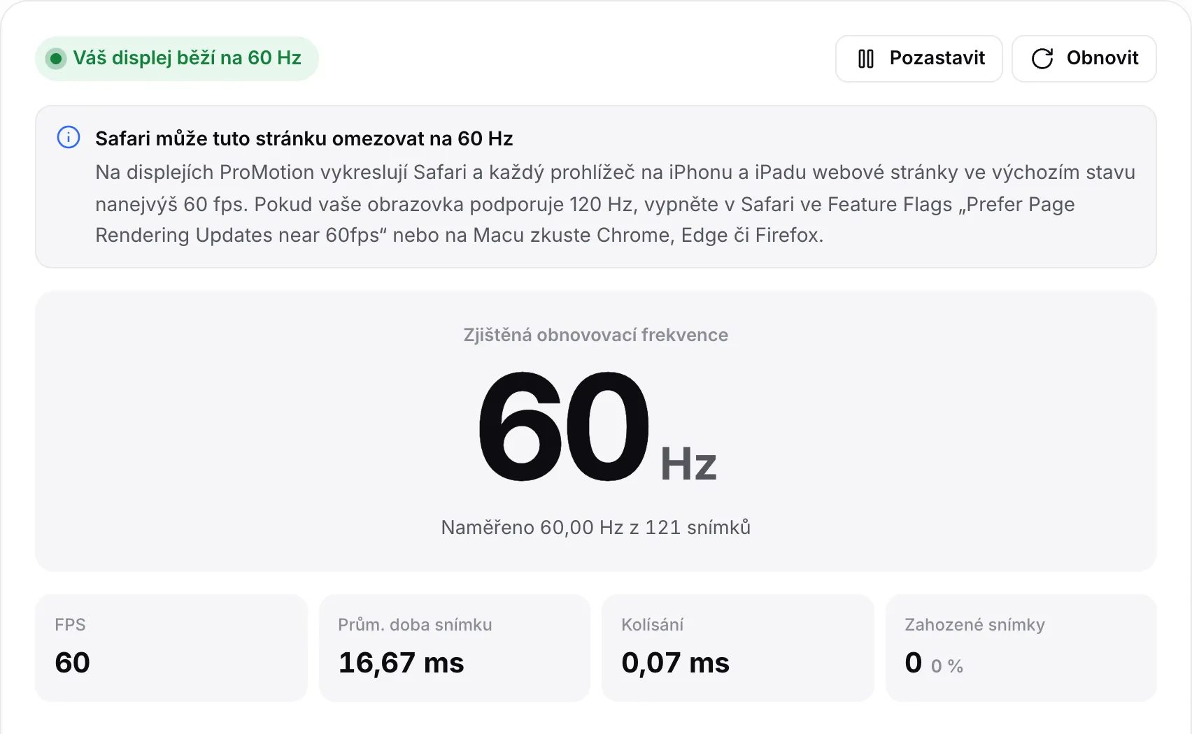 Poznámka „Safari může tuto stránku omezovat na 60 Hz“ nad výsledkem 60 Hz