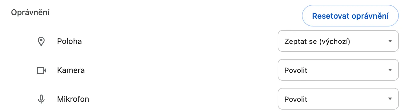 Nastavení webu v Chrome s kamerou a mikrofonem nastavenými na Povolit
