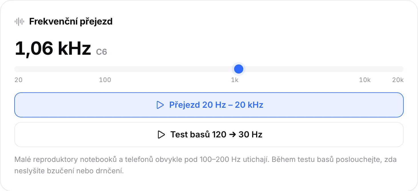 Frekvenční přejezd přehrávající 1,06 kHz (nota C6) se značkou těsně za 1k na stupnici