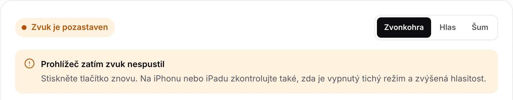Test zvuku s oranžovým stavem „Zvuk je pozastaven“ a oznámením „Prohlížeč zatím zvuk nespustil“
