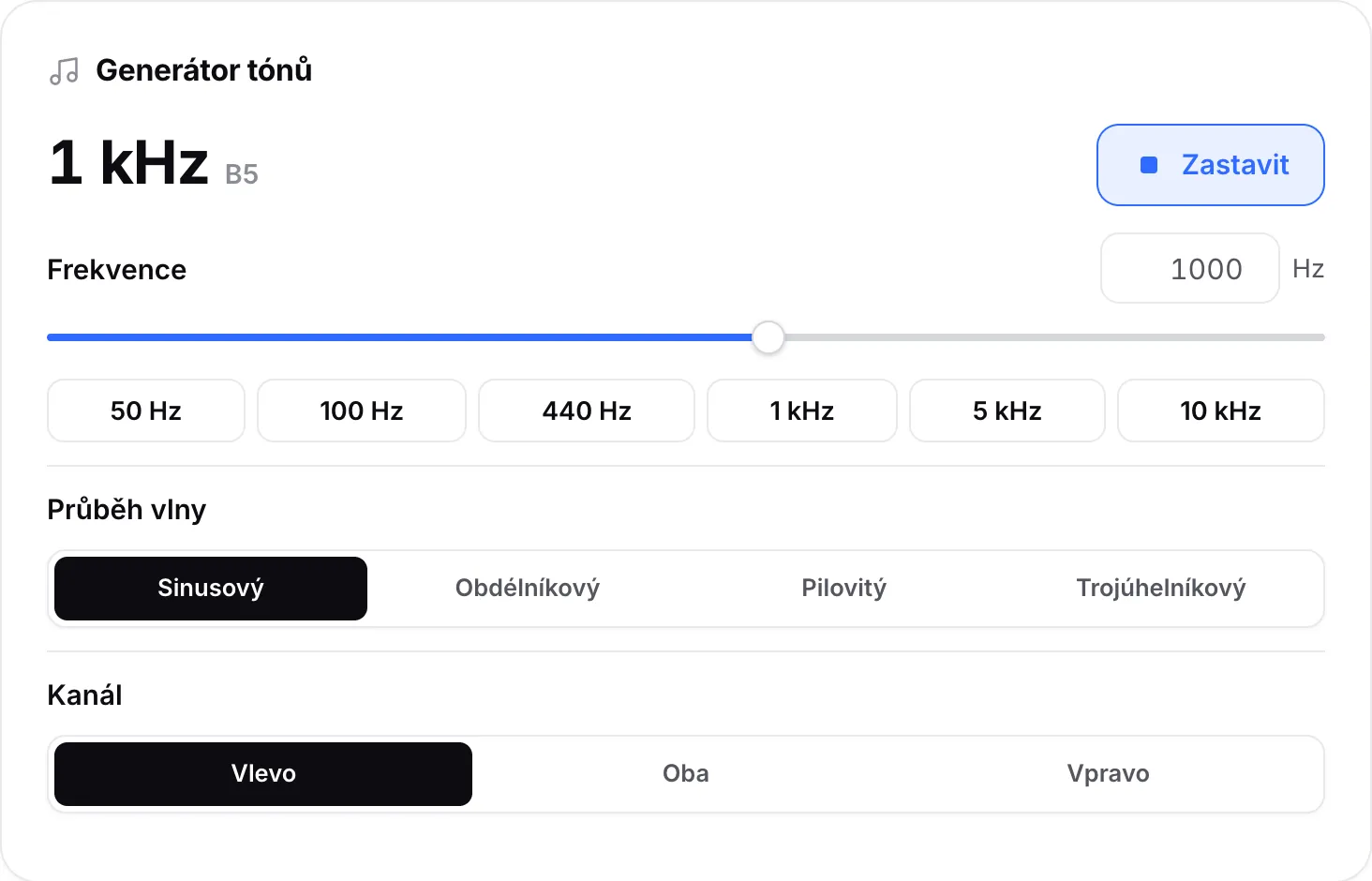 Generátor tónů přehrávající sinusovou vlnu 1 kHz na levém kanálu se zobrazeným tlačítkem Zastavit