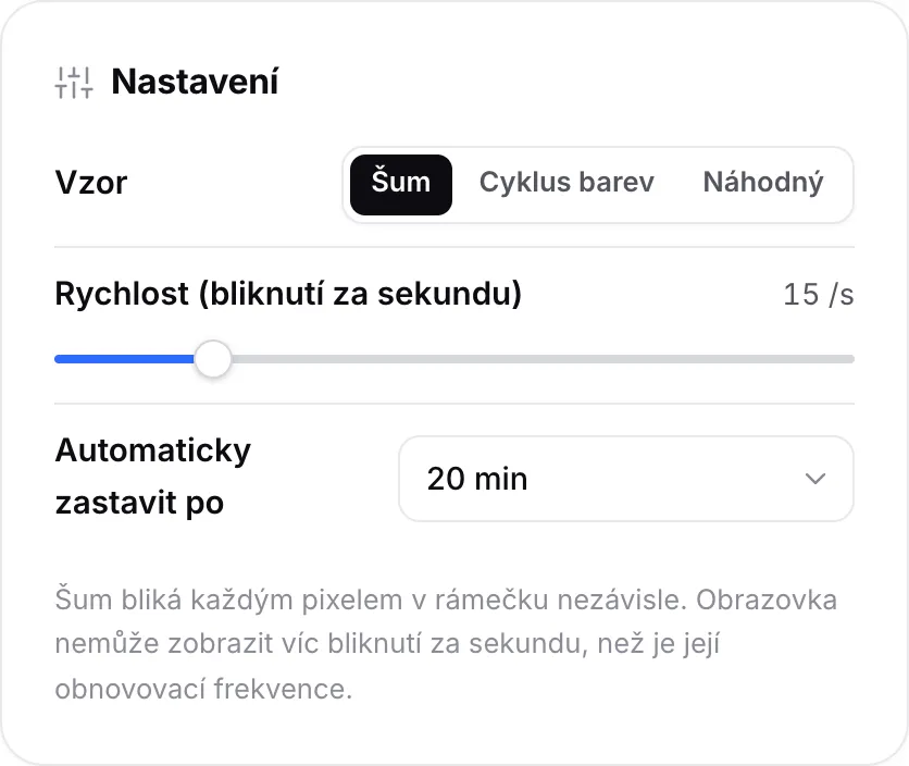 Panel Nastavení se vzorem Šum, rychlostí 15 bliknutí za sekundu a Automaticky zastavit po 20 minutách