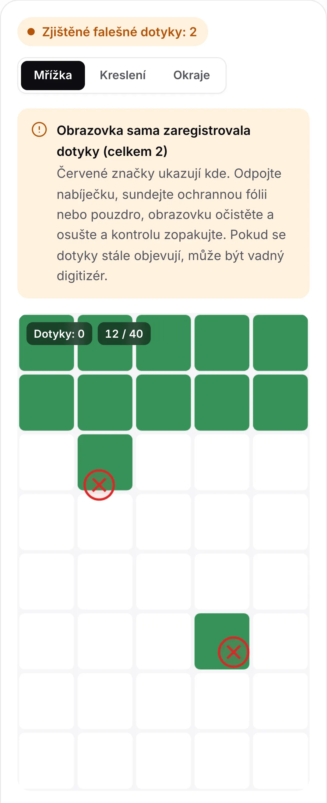 Výsledek kontroly falešných dotyků: oranžový stav „Zjištěné falešné dotyky: 2“, rada odpojit nabíječku a očistit obrazovku a dva červené značky na mřížce