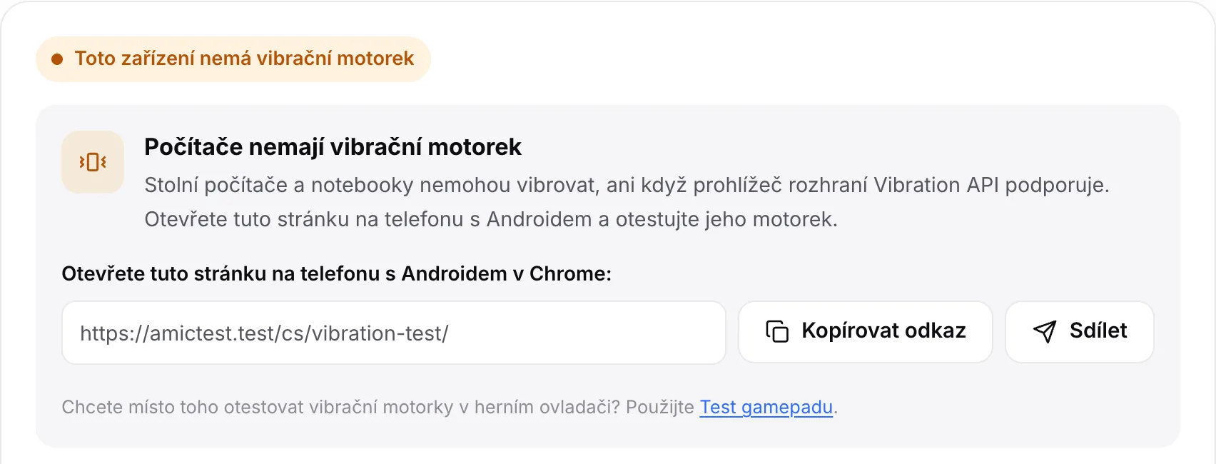 Test vibrací na počítači: oranžový stav „Toto zařízení nemá vibrační motorek“ s odkazem na stránku a tlačítky Kopírovat odkaz a Sdílet