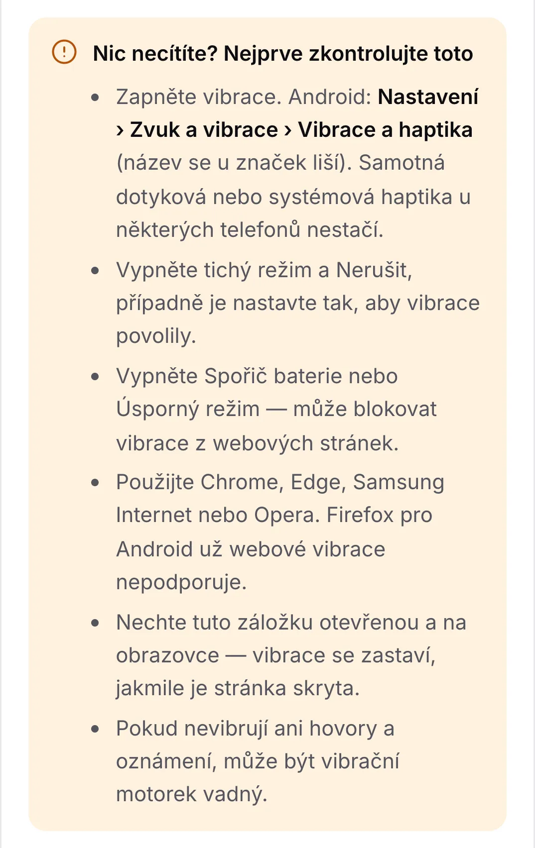 Kontrolní seznam „Nic necítíte? Nejprve zkontrolujte toto“ se šesti tipy, který začíná zapnutím vibrací v nastavení Androidu
