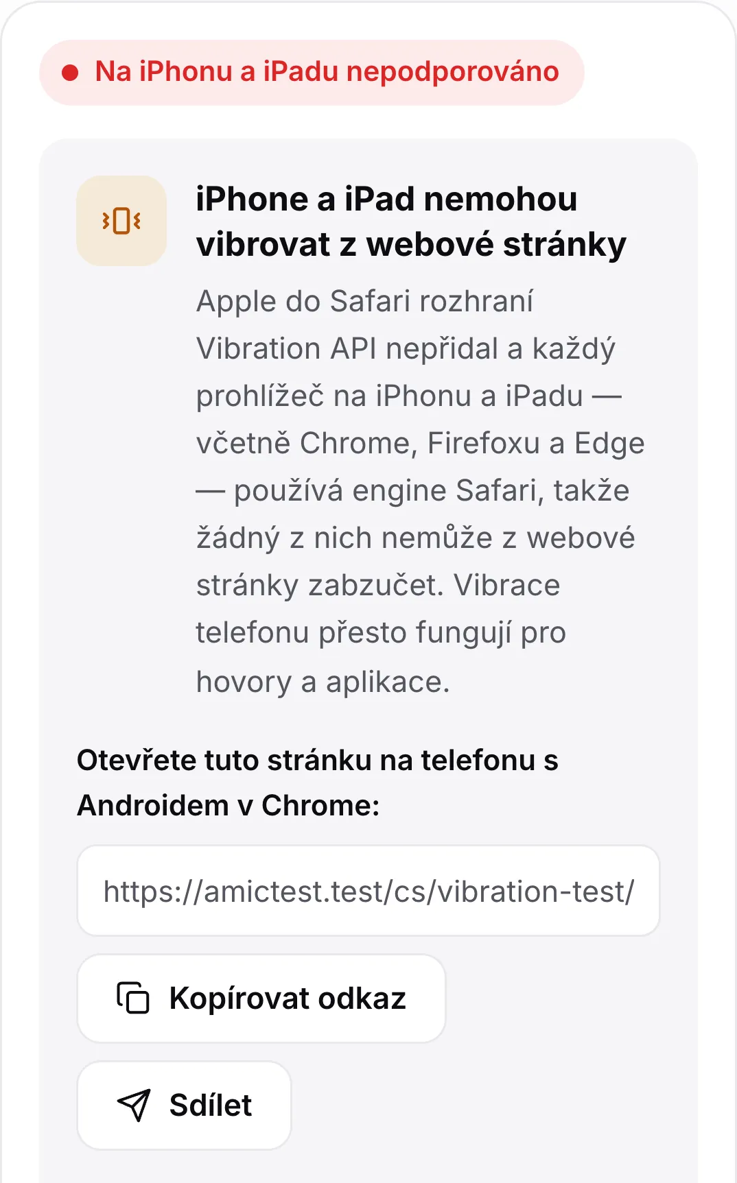 Test vibrací na iPhonu: červený stav „Na iPhonu a iPadu nepodporováno“, vysvětlení a odkaz pro otevření stránky na telefonu s Androidem