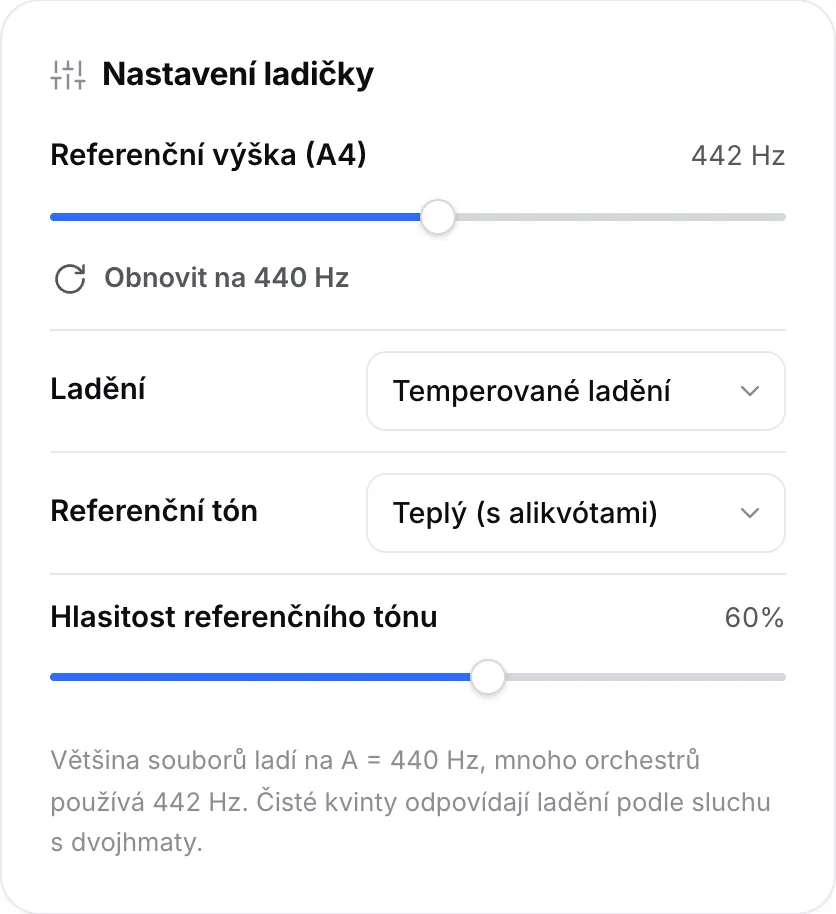 Nastavení ladičky s posuvníkem referenční výšky (A4) na 442 Hz, nabídkou ladění a možnostmi referenčního tónu