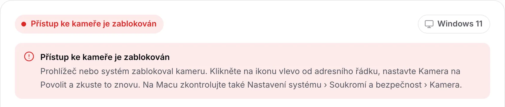 Vyhledávač ovladačů webkamery s červenou zprávou „Přístup ke kameře je zablokován“ a pokyny