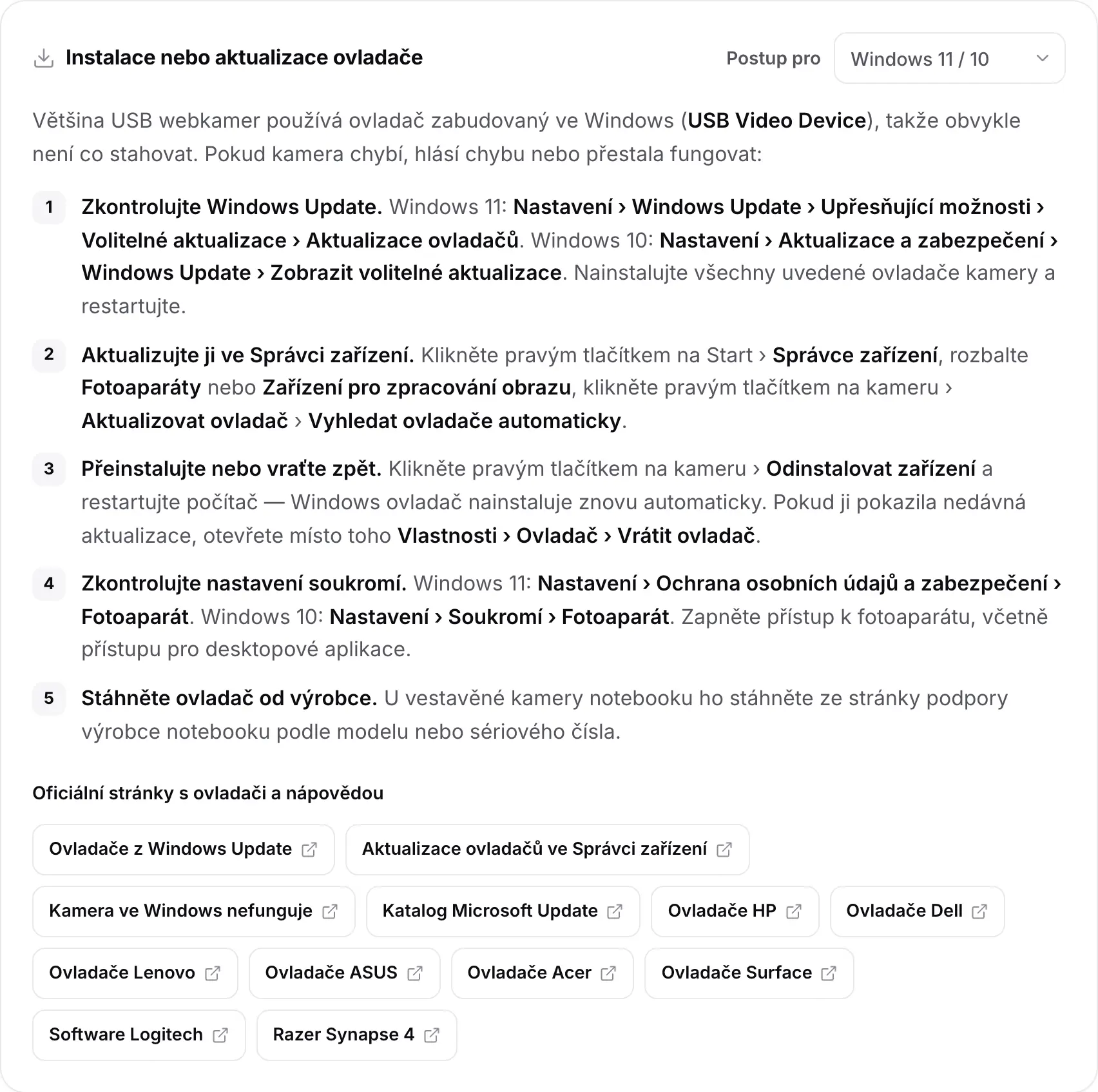 Karta Instalace nebo aktualizace ovladače s kroky pro Windows 11 / 10 a odkazy na oficiální stránky s ovladači a nápovědou
