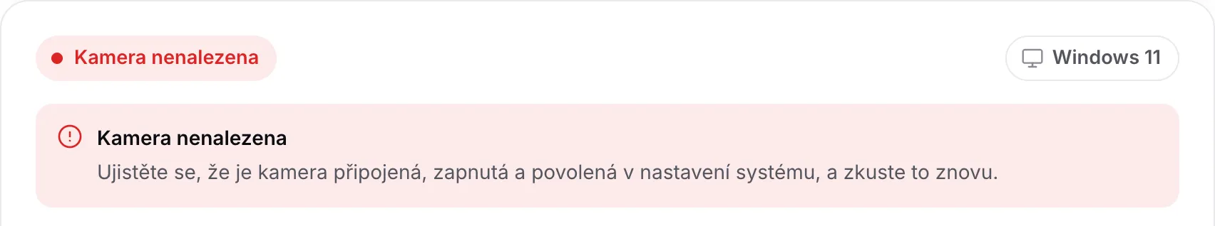 Vyhledávač ovladačů webkamery ukazující „Kamera nenalezena“ s radou zkontrolovat, zda je kamera připojená, zapnutá a povolená