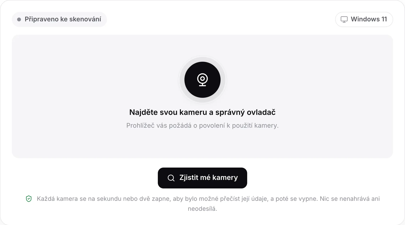 Vyhledávač ovladačů webkamery před skenováním s tlačítkem Zjistit mé kamery a zjištěným systémem Windows 11