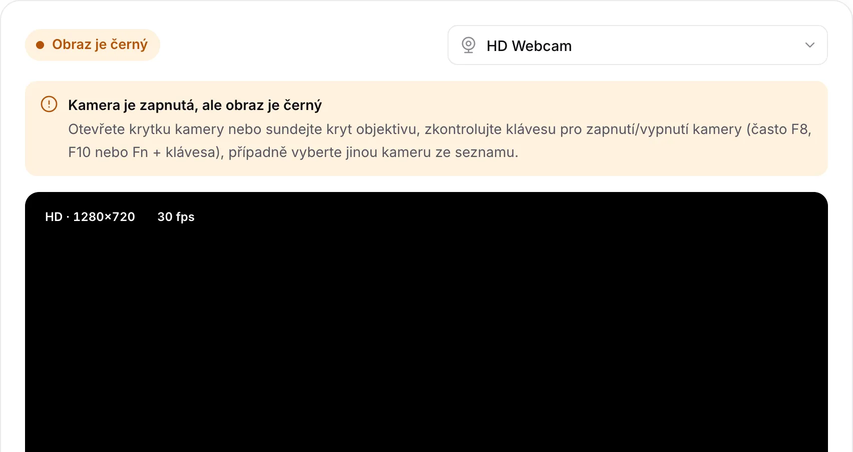 Test webkamery s upozorněním „Kamera je zapnutá, ale obraz je černý“ nad černým obrazem