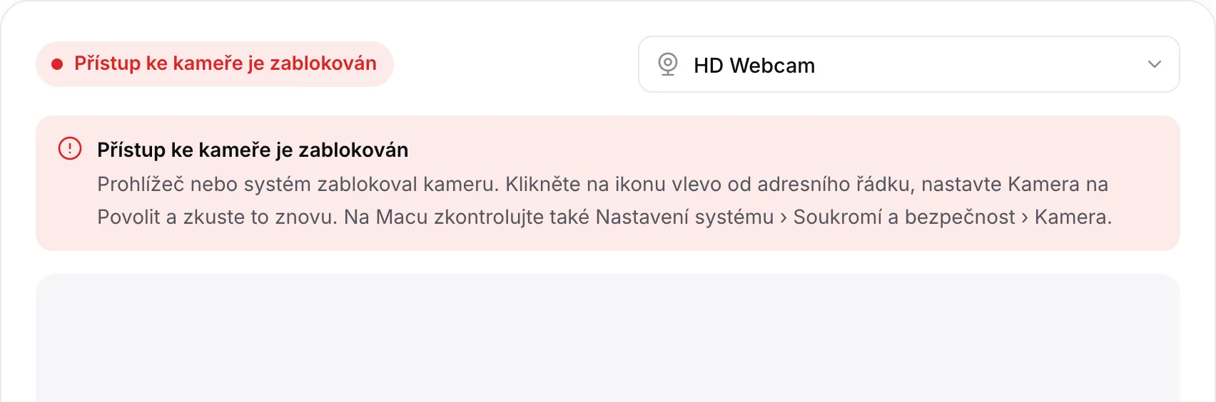 Test webkamery s červenou zprávou „Přístup ke kameře je zablokován“ a pokyny