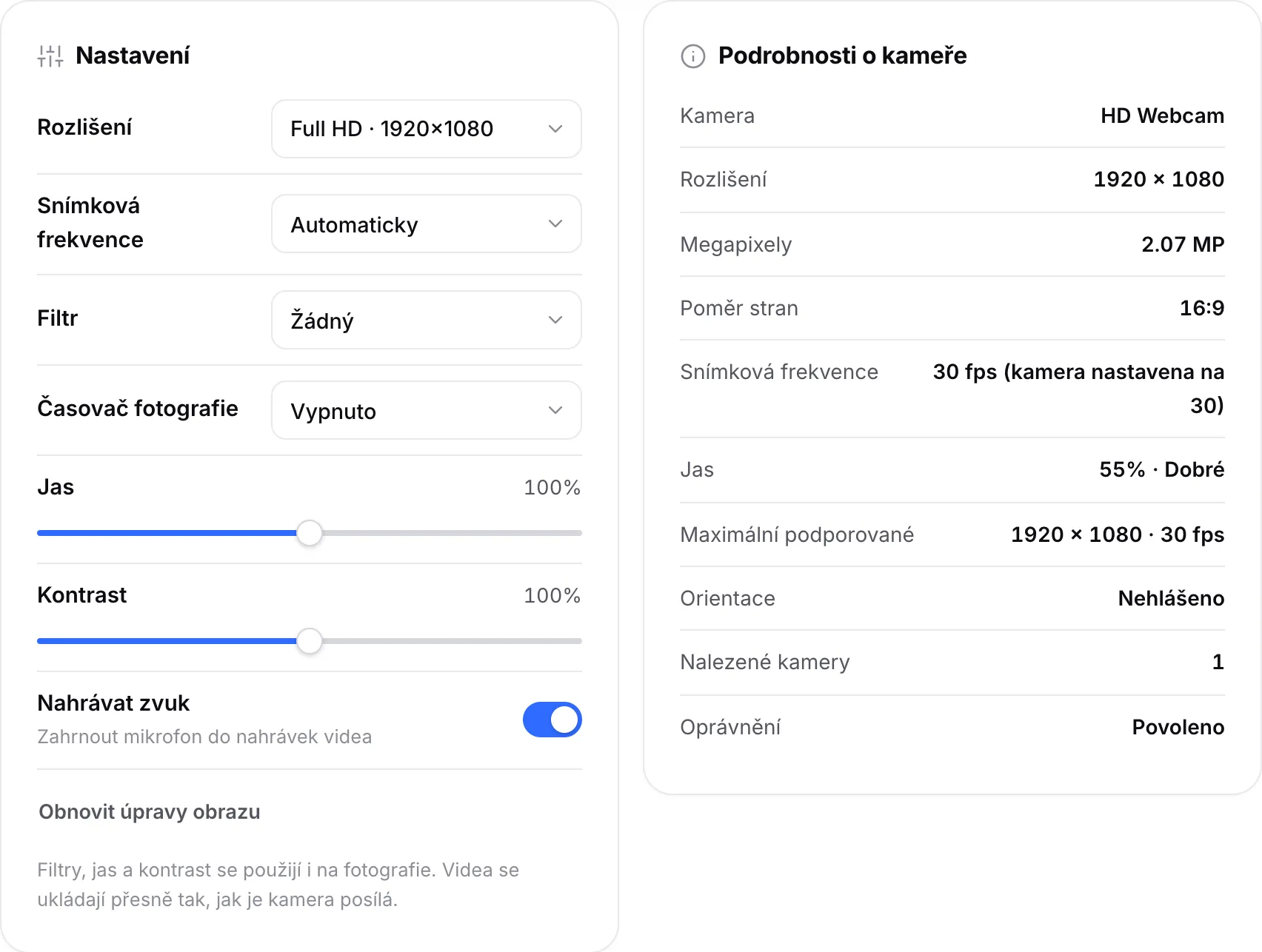 Nastavení s rozlišením Full HD vedle Podrobností o kameře, které ukazují 1920 × 1080, 30 fps a jas 55 % · Dobré