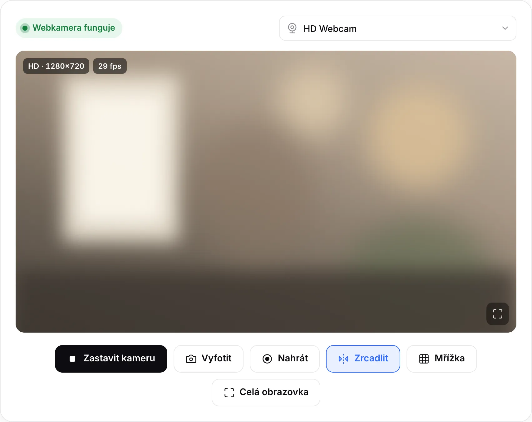 Funkční webkamera: živý obraz se štítky HD · 1280×720 a 30 fps a zelený stav „Webkamera funguje“
