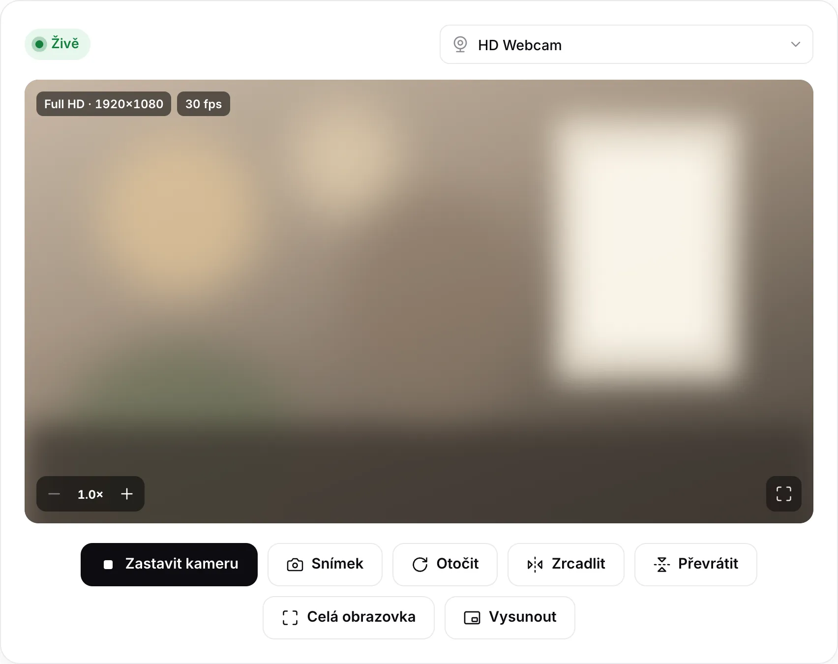 Zobrazení webkamery s živým obrazem Full HD 1920×1080 při 30 fps a tlačítky Otočit, Zrcadlit, Převrátit a Vysunout