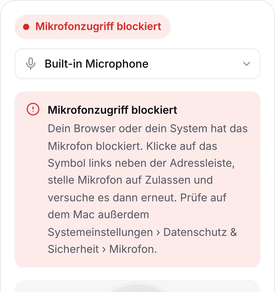 Der Mikrofontest auf einem Handy mit der roten Meldung „Mikrofonzugriff blockiert“