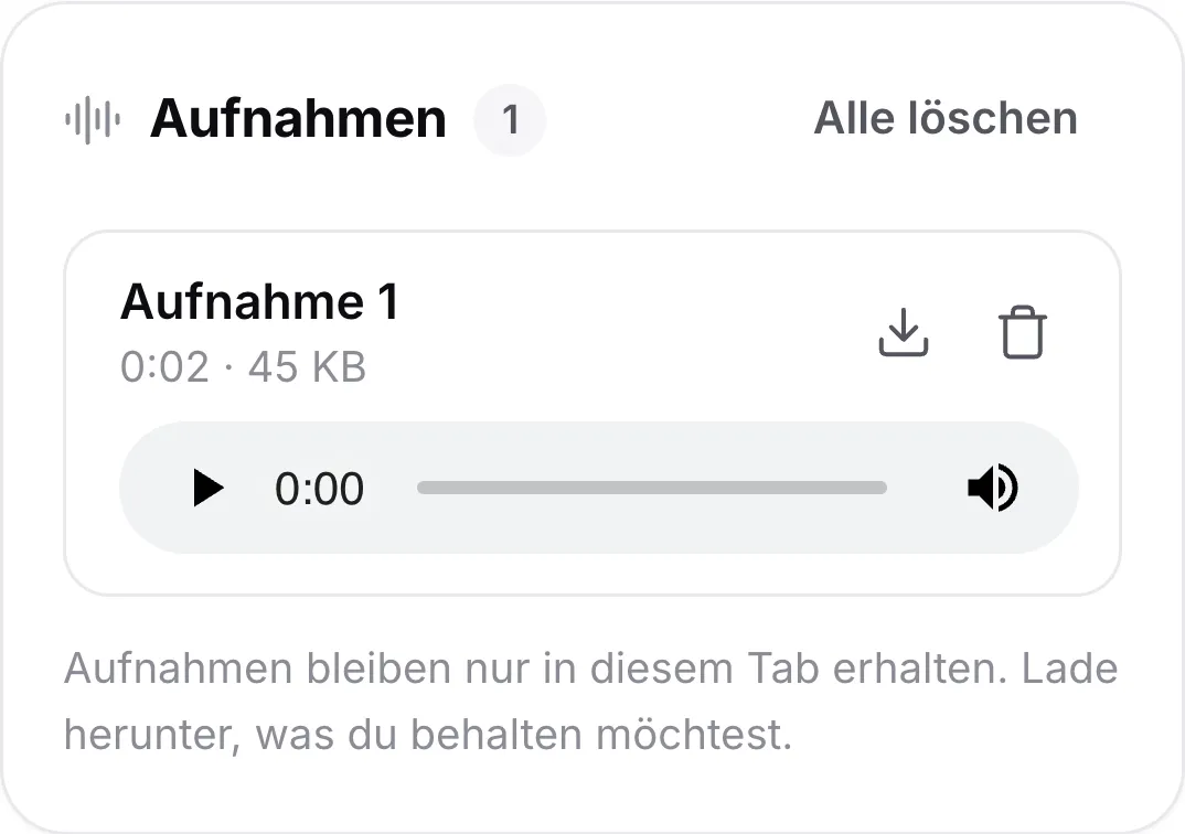 Eine Aufnahme auf einem Handy mit Länge, einem Player sowie Buttons zum Herunterladen und Löschen
