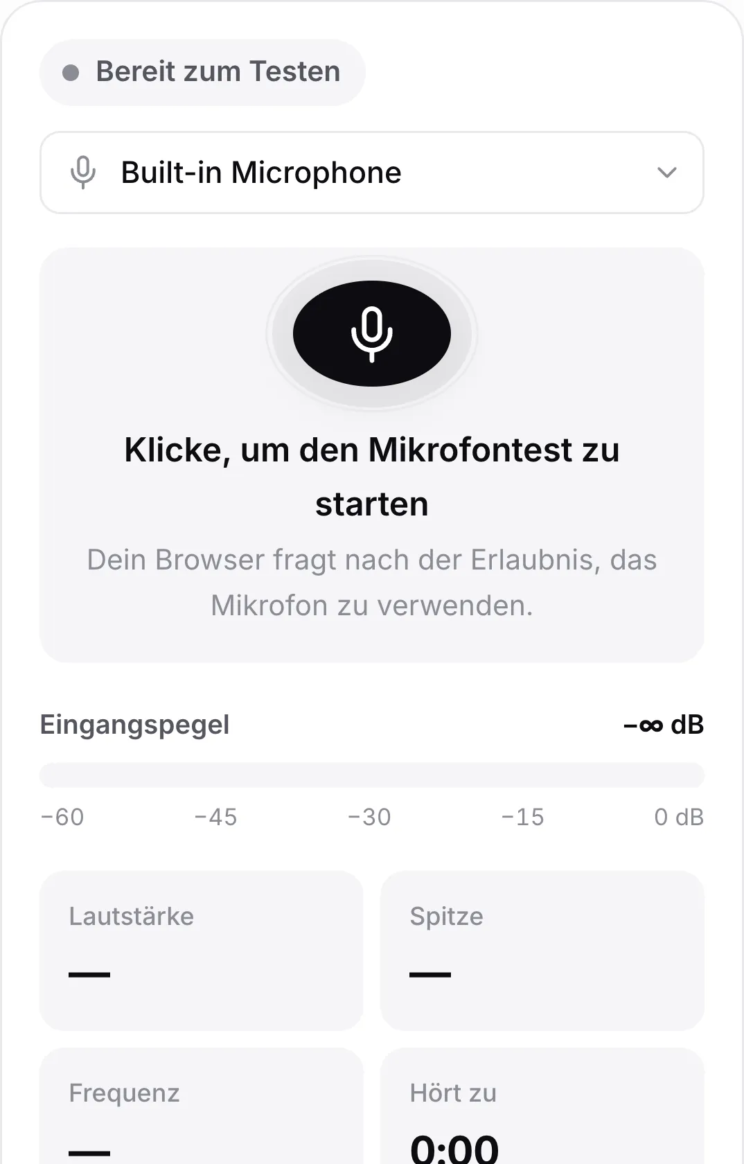 Der Mikrofontest auf einem Handy vor dem Start, mit dem großen Mikrofon-Button