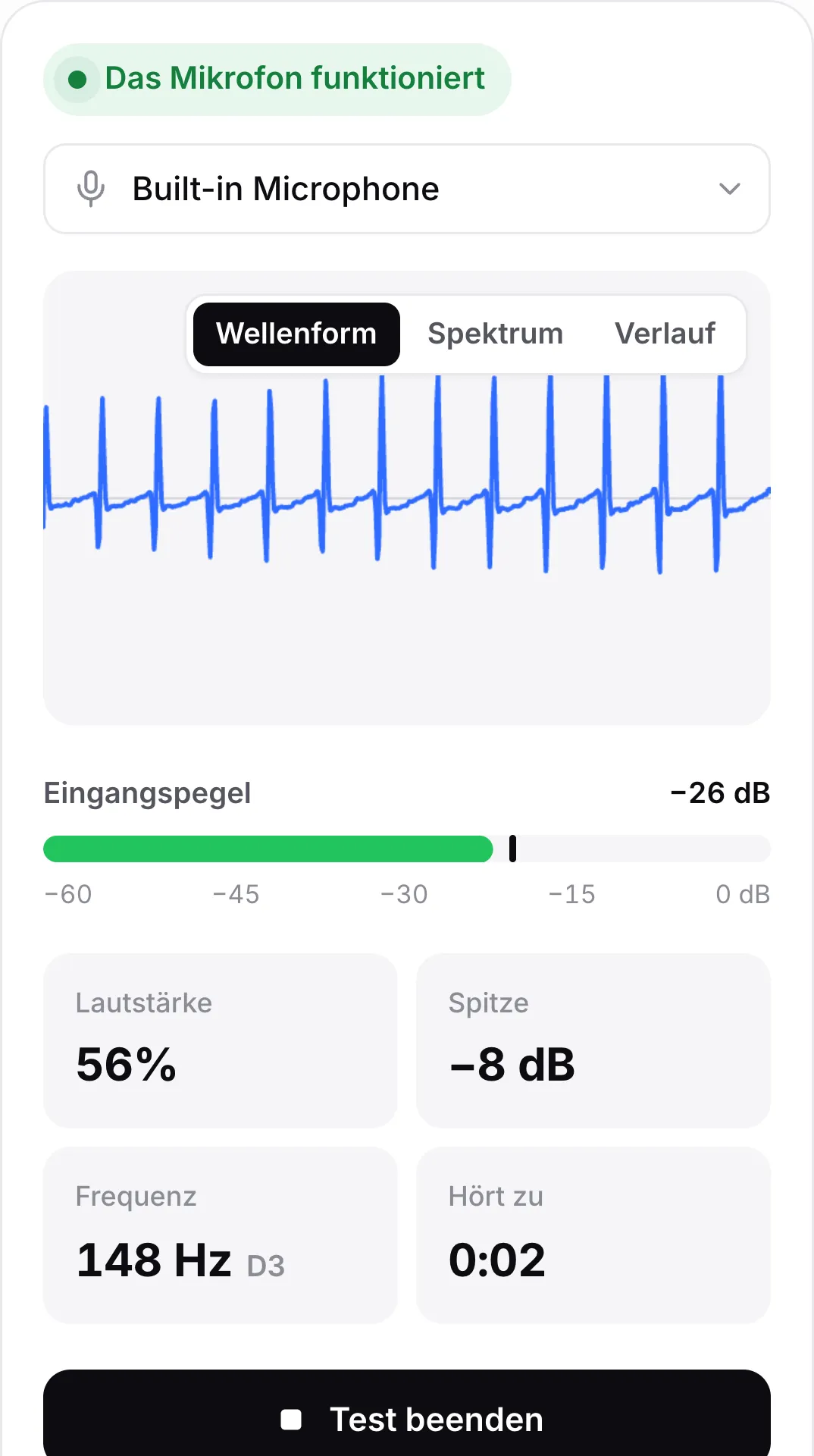 Der Mikrofontest auf einem Handy mit bewegter Wellenform, einem Eingangspegel von −25 dB und dem grünen Status „Das Mikrofon funktioniert“