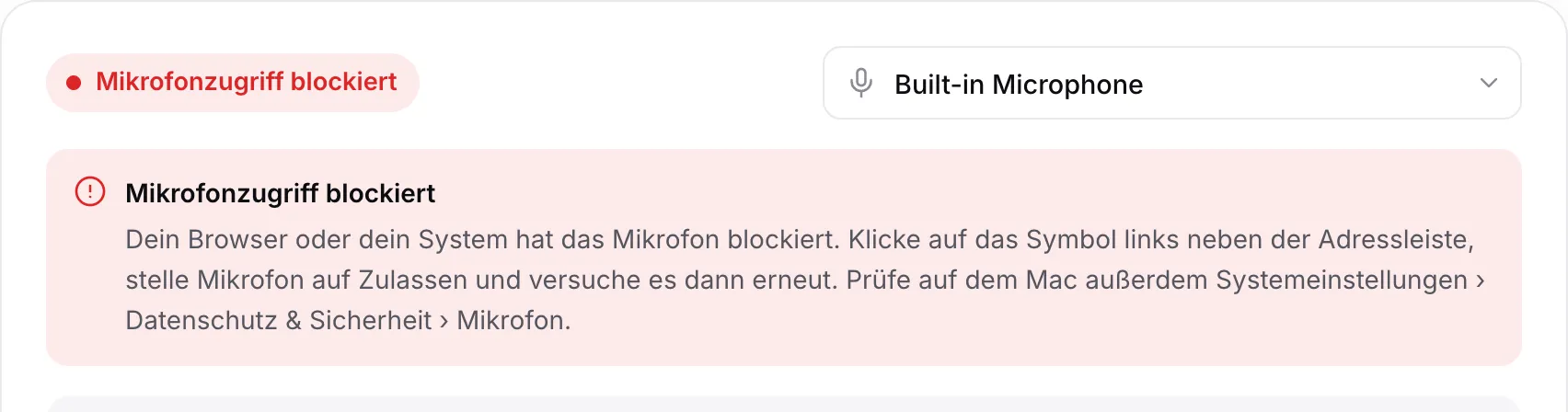 Das Stimmgerät mit der roten Meldung „Mikrofonzugriff blockiert“ und Anweisungen