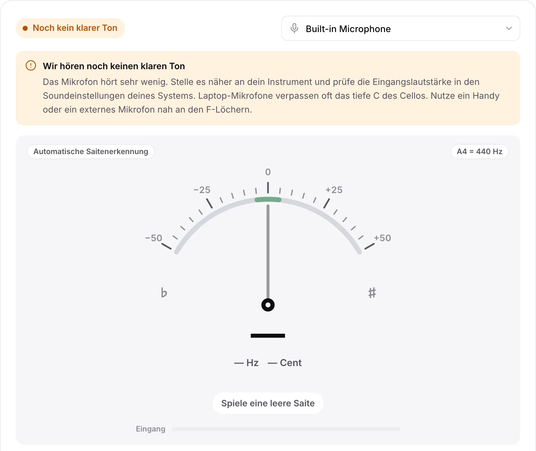 Das Stimmgerät mit dem Hinweis „Wir hören noch keinen klaren Ton“, einer leeren Leiste „Eingang“ und einem Tipp zu Laptop-Mikrofonen und dem tiefen C