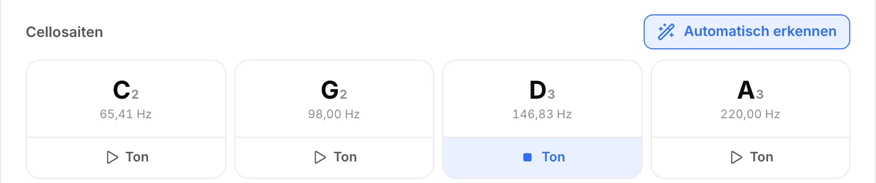 Die Cellosaiten mit dem spielenden Referenzton D3: Sein Button „Ton“ ist hervorgehoben und zeigt ein Stopp-Symbol