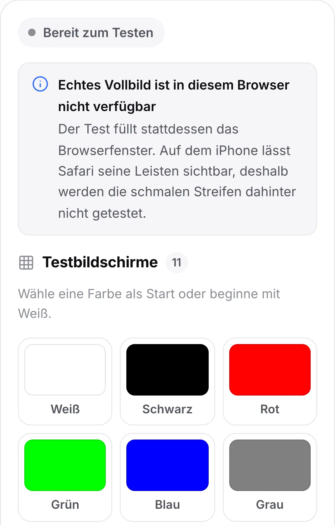 Der Pixelfehler-Test auf einem iPhone mit dem Hinweis „Echtes Vollbild ist in diesem Browser nicht verfügbar“ über den Farbfeldern