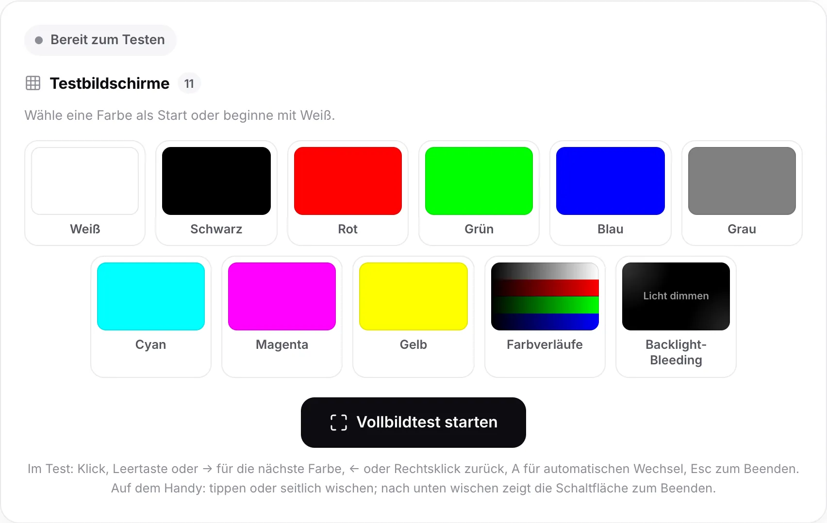 Der Pixelfehler-Test mit elf Farbfeldern, von Weiß bis Backlight-Bleeding, über dem Button „Vollbildtest starten“