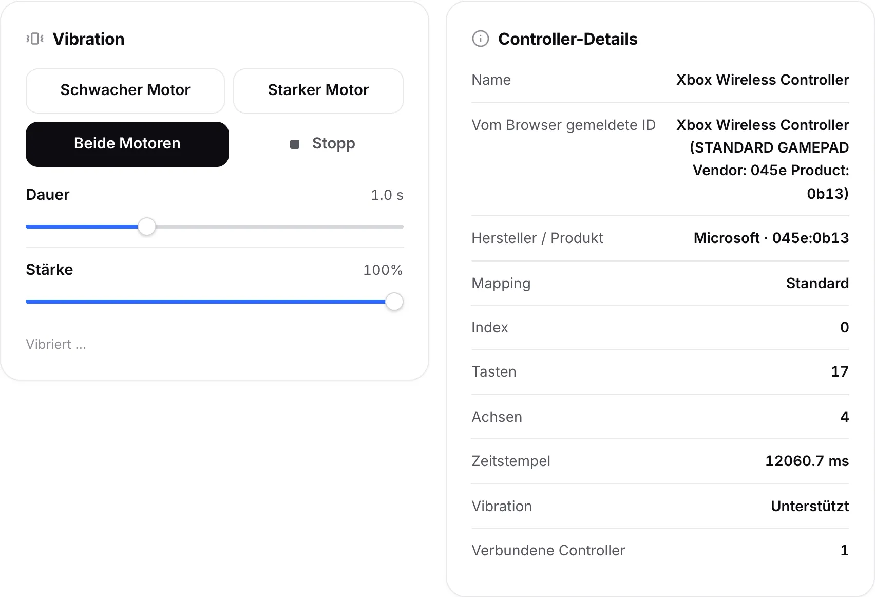 Das Feld „Vibration“ mit den Motor-Buttons und Reglern neben dem Feld „Controller-Details“ mit Name, ID, Hersteller und Mapping
