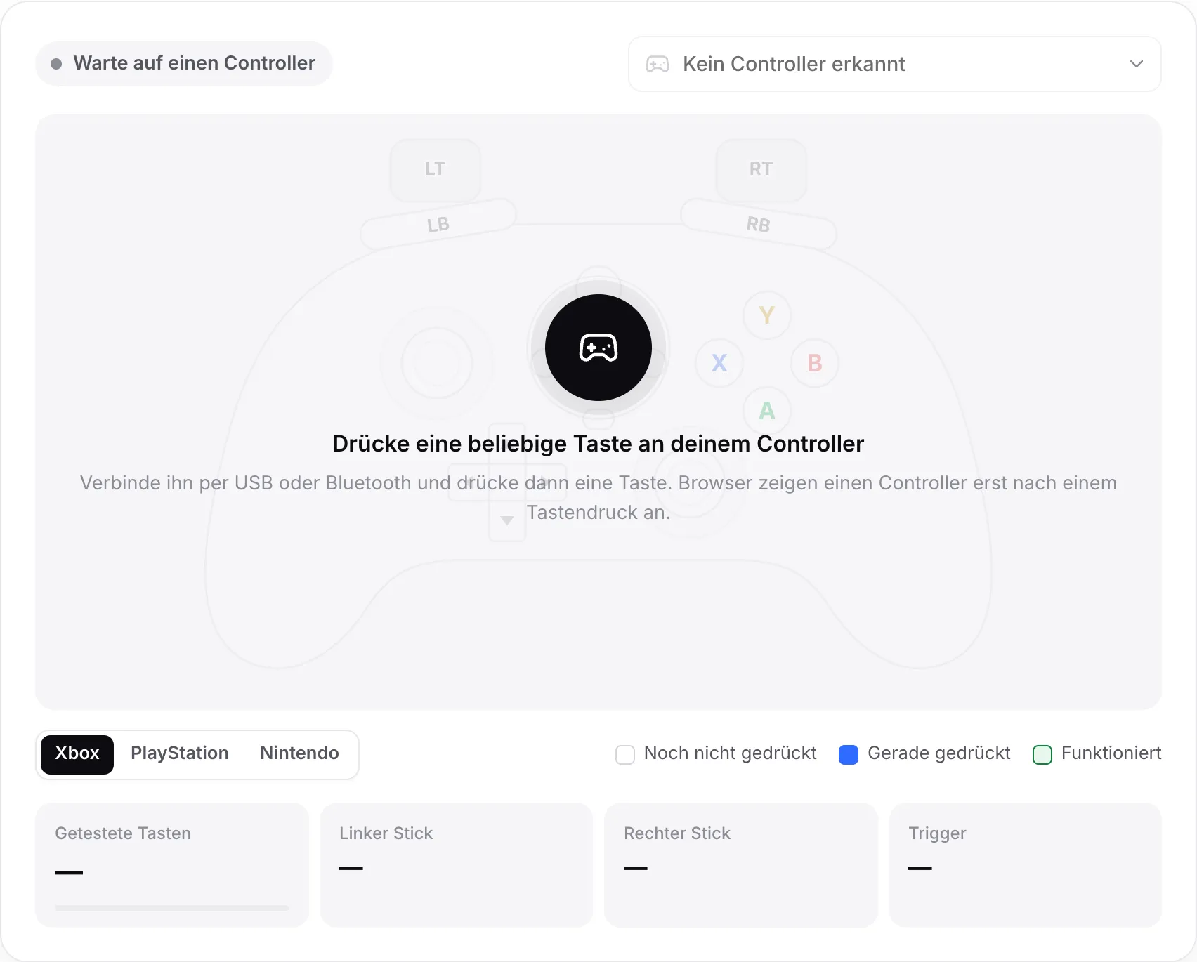 Der Gamepad-Test wartet auf einen Controller, mit der Meldung „Drücke eine beliebige Taste an deinem Controller“
