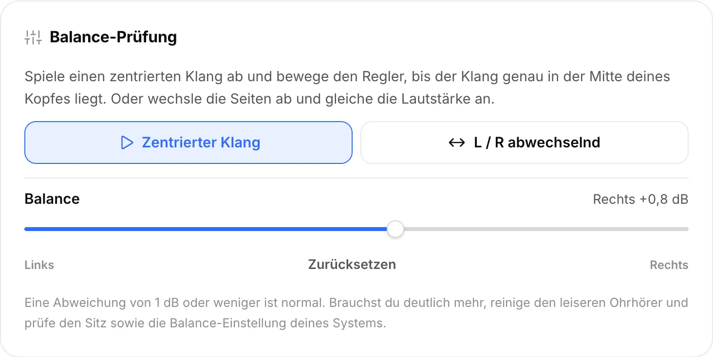 Die Balance-Prüfung spielt den zentrierten Klang ab, der Balance-Regler steht auf Rechts +0,8 dB