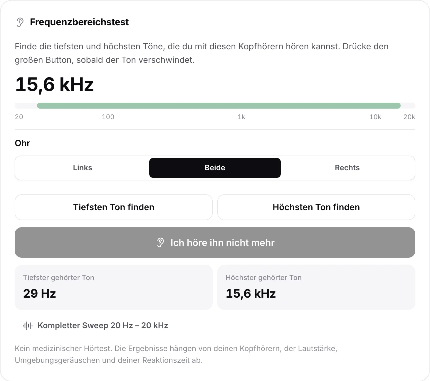 Der Frequenzbereichstest mit Ergebnissen: tiefster gehörter Ton 30 Hz, höchster 15,6 kHz, als grünes Band auf der Skala dargestellt