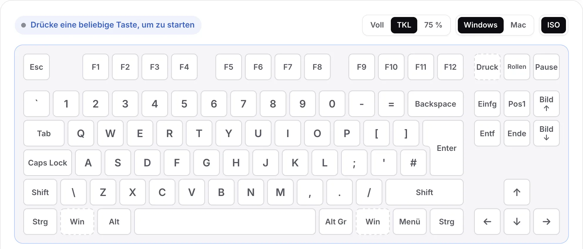 Das TKL-Layout mit eingeschaltetem ISO: eine hohe Enter-Taste und eine zusätzliche Taste neben der linken Shift-Taste, kein Ziffernblock
